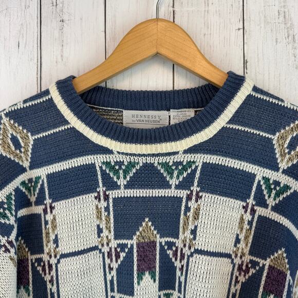 VTG Van Heusen Blue Abstract Print Acrylic Knit Sweater Size XL X-Large - Picture 8 of 13
